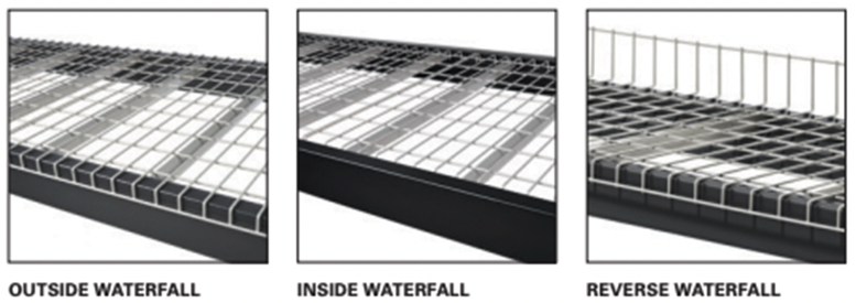 Waterfall options for pallet rack wire decking used in warehouse racking