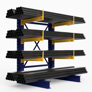 Cantilever racking system in the United States, known as a pipe rack, storing large metal pipes and tubes for industrial construction.