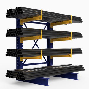Industrial Pipe Rack – Cantilever Racking for Sale by US Pallet Racks Cantilever racking system in the United States, known as a pipe rack, storing large metal pipes and tubes for industrial construction.