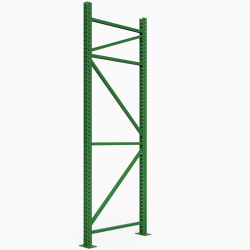 Image of a green warehouse racking uprights with teardrop-style holes for pallet rack beams, ideal for industrial storage in Houston, Texas.